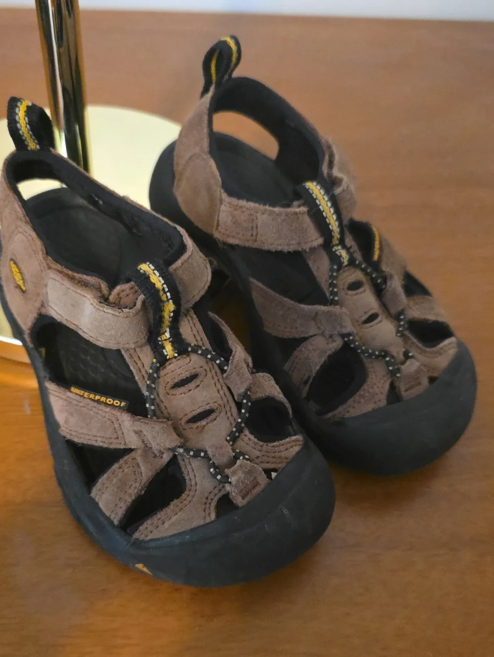 Keen Brown and Black Kids Waterproof Sandals with Yellow Accents